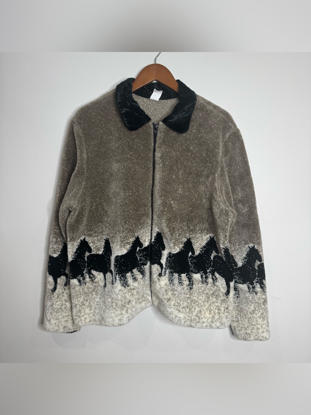 VTG Women's Horse Print Fleece Contrast Velvet Collar Full-zip Jacket Size XL